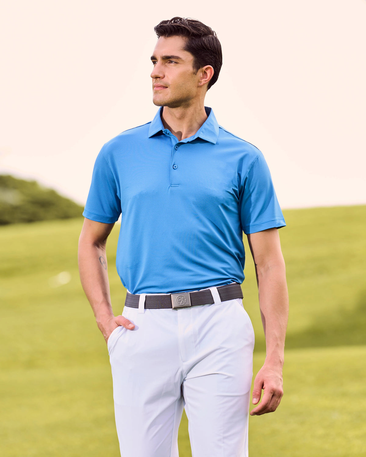 Lewis Stripe Performance Polo - Big Sky Blue