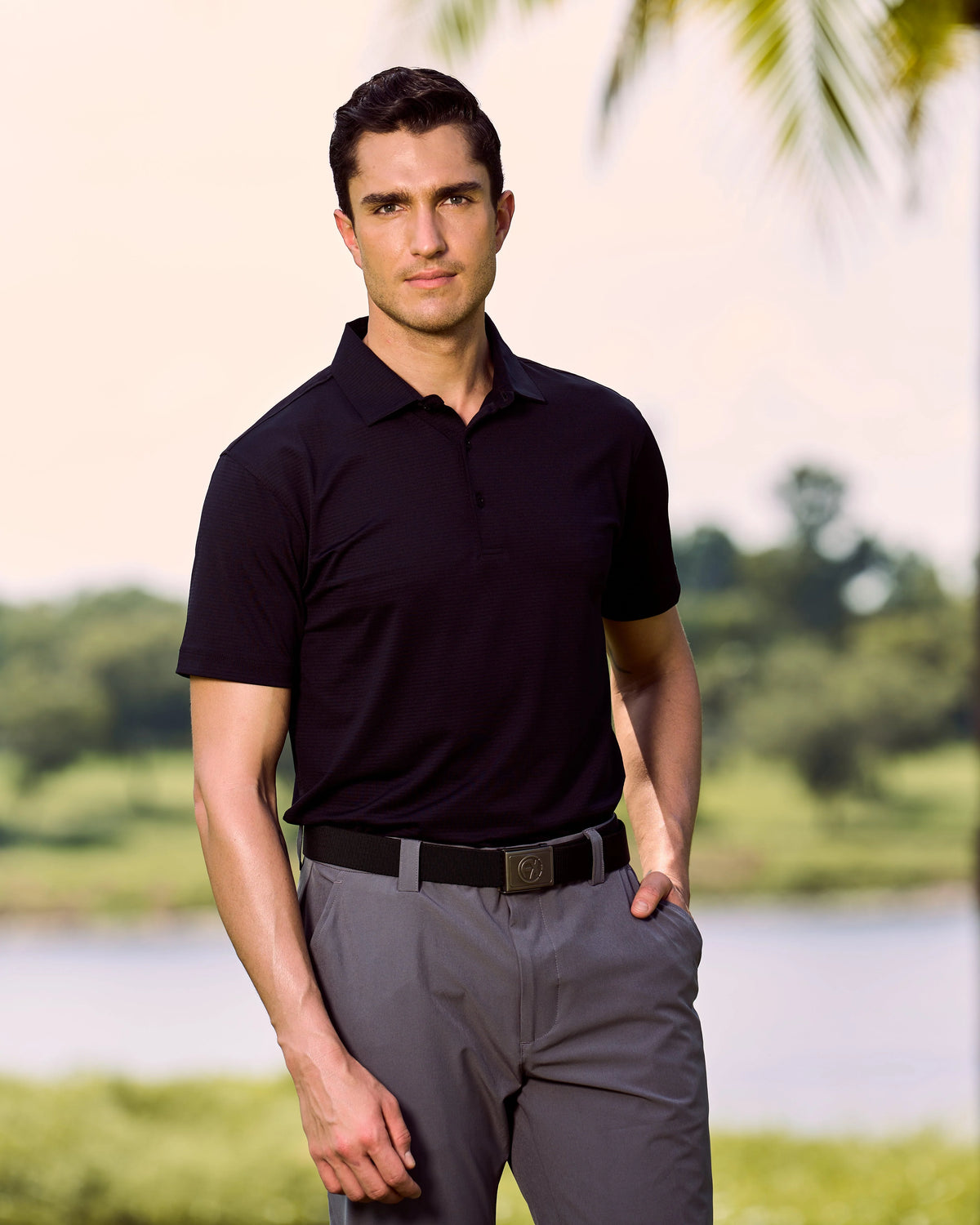 Lewis Stripe Performance Polo - Black